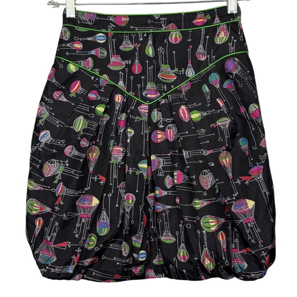 ANA SUI Anthropologie 100% Silk Bubble Skirt Air Balloon Pattern Black Size 2